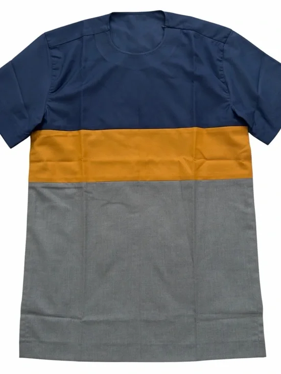 Men’s African Tailored Colorblock Shirt Blue Mustard Gray Size L(43) Handmade . - Picture 3 of 8
